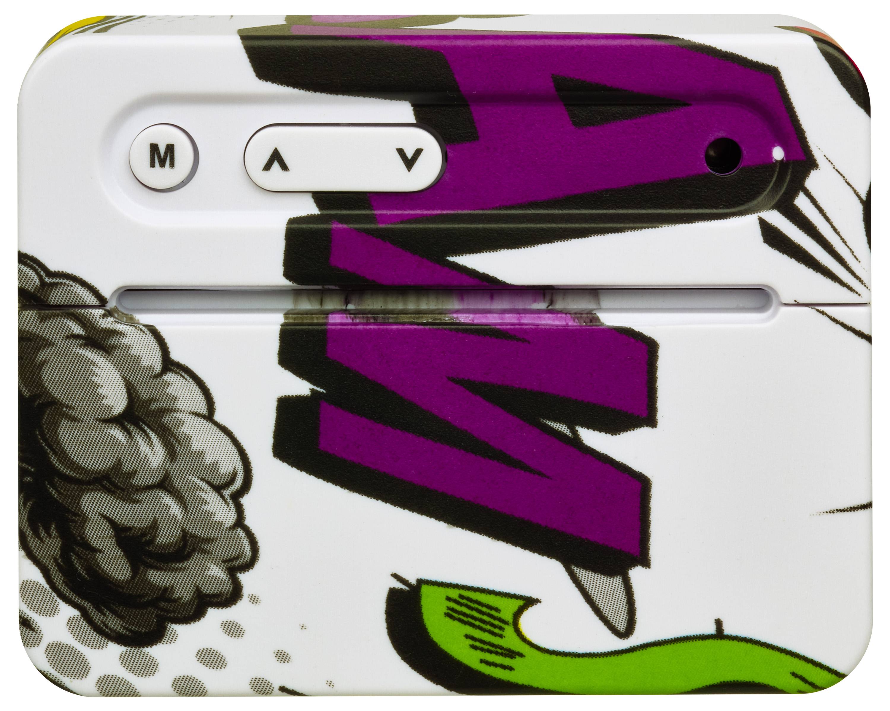 Decorative design with colourful comic elements, including a purple 'W'. At the top, buttons with 'M' and arrow symbols.