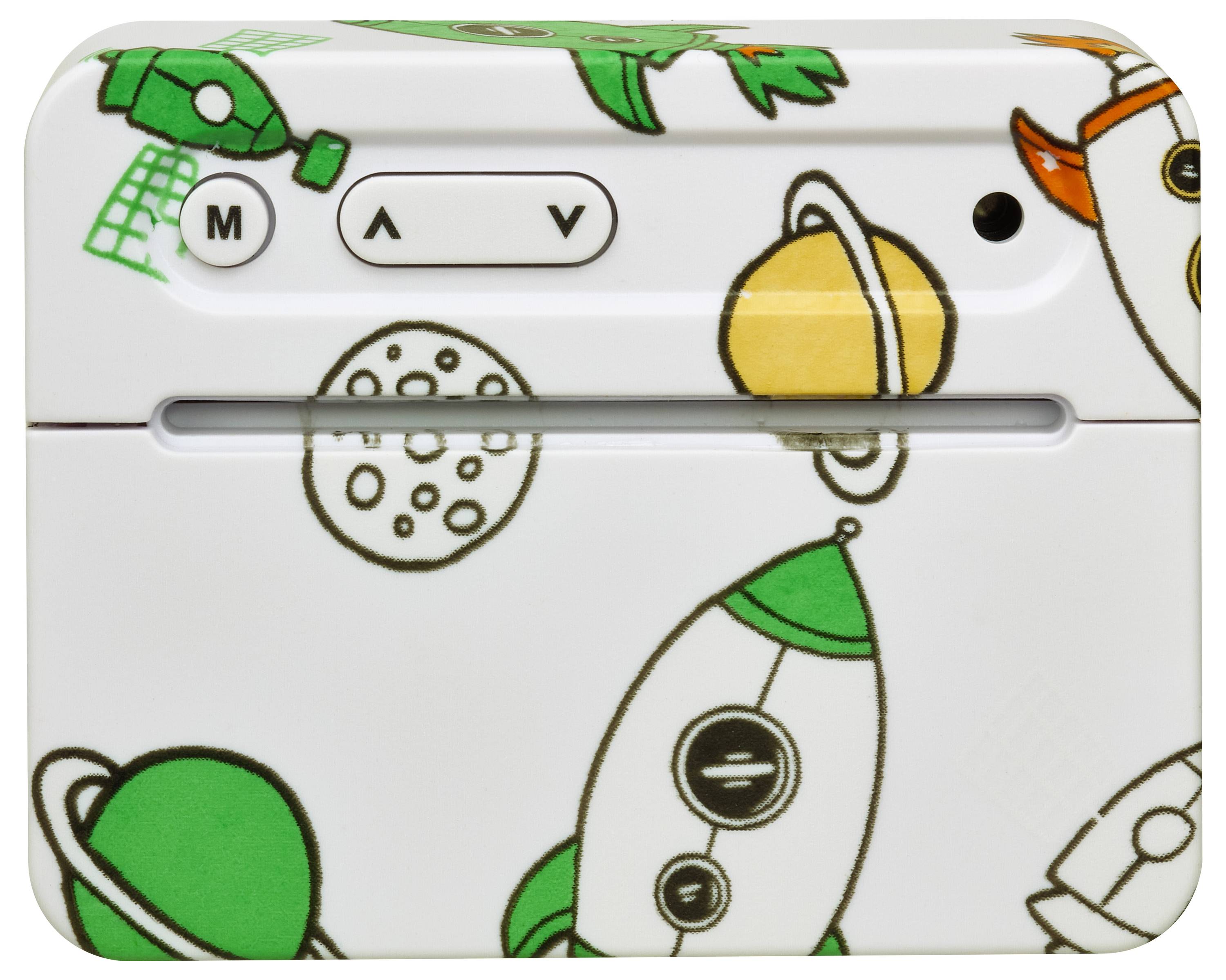 Electronic device with rocket and planetary themes. Two buttons labelled with 'M' and arrow symbols for navigation.