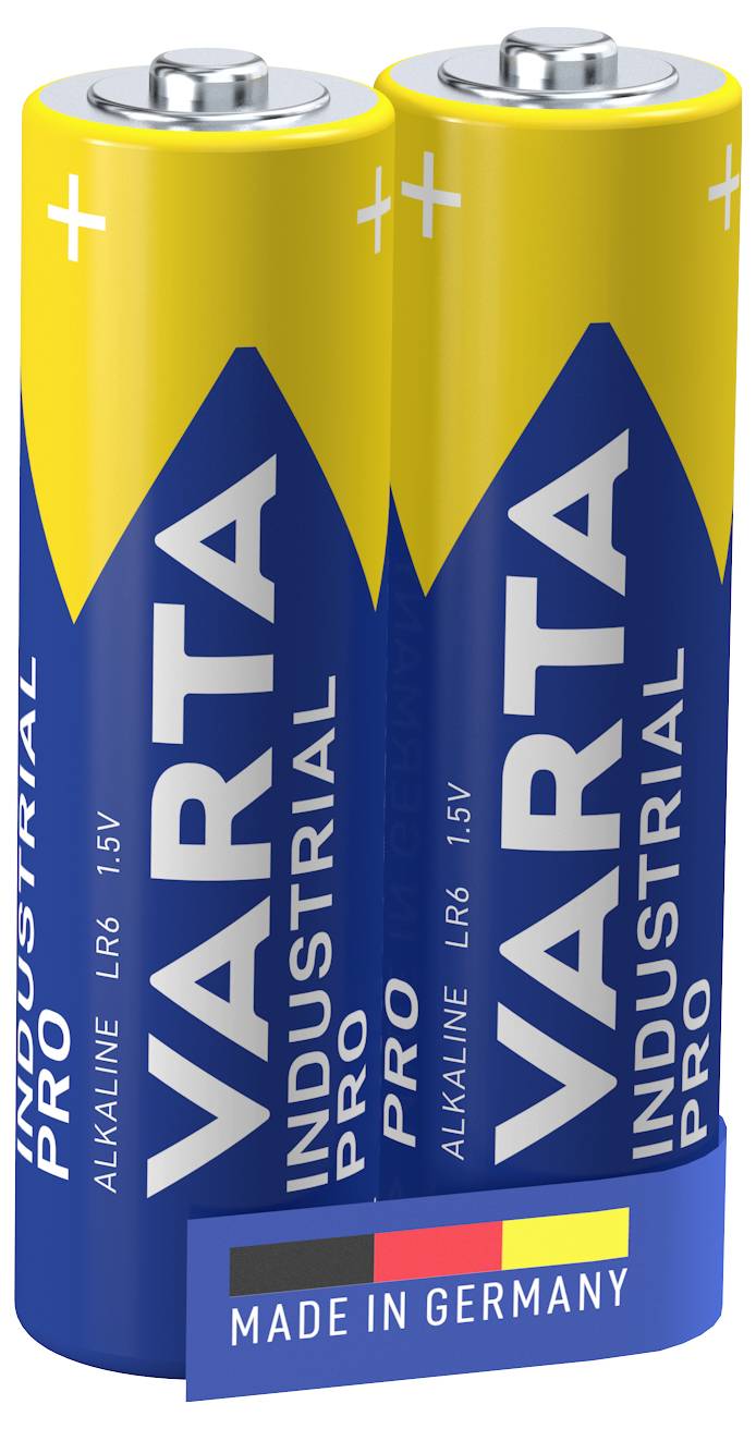 Two AA alkaline batteries by Varta Industrial Pro, with a yellow and blue design, marked 'Made in Germany'.