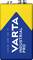 A rectangular yellow-blue 9V Varta battery, labelled 'Industrial Pro', suitable for industrial use.