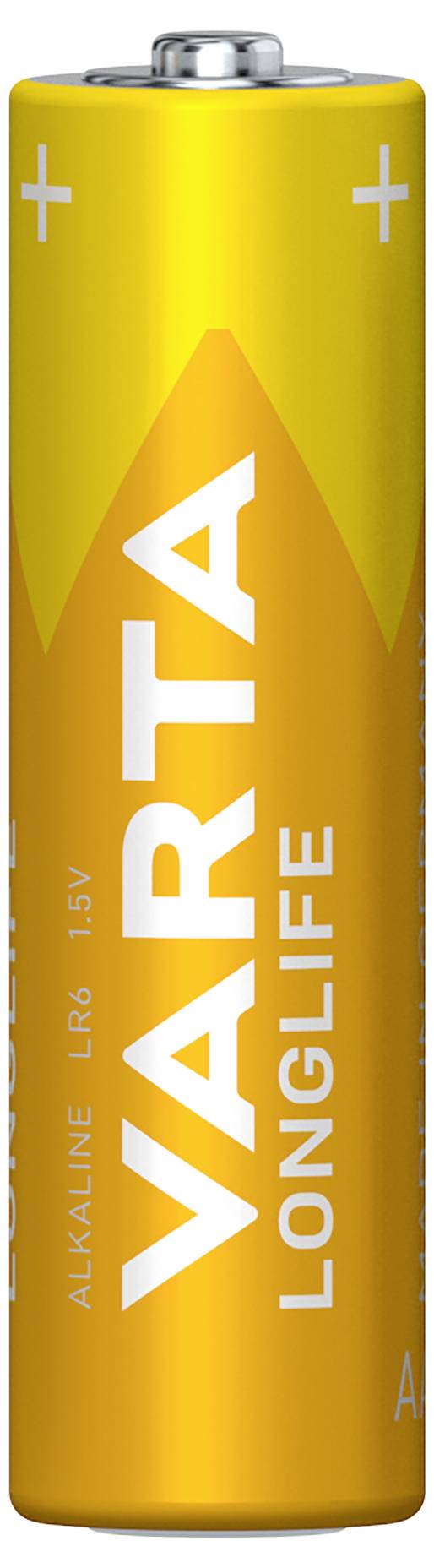 A yellow AA battery by the brand 'VARTA', type 'Longlife', with printed positive and negative terminals and the inscription 'ALKALINE LR6 1.5V'.