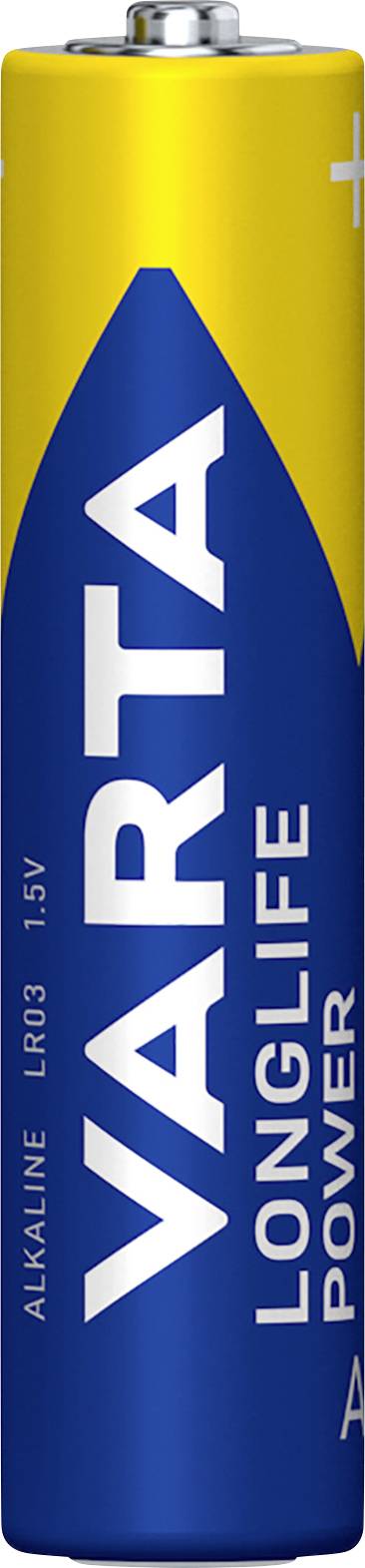 Battery with blue and yellow design and the inscription 'VARTA LONGLIFE POWER'. Alkaline, Type AAA, 1.5V.