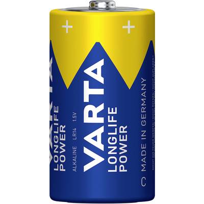 Alkaline battery with yellow and blue design; brand name 'Varta', model 'Longlife Power', manufactured in Germany.