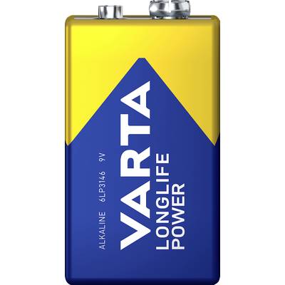 Battery with blue and yellow design, label reading 'Varta Longlife Power', Alkaline type, 9V.