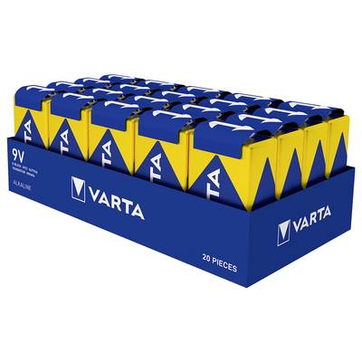 'VARTA' 9V alkaline batteries, 20 pieces in blue box, yellow and blue design.