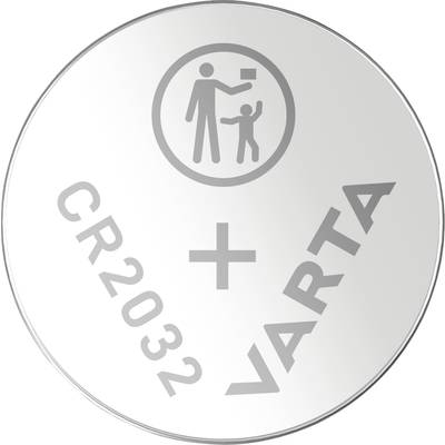 A silver button cell battery marked 'CR2032 VARTA' with a symbol indicating keeping away from children.