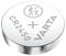 Silver button cell battery with the inscription 'CR2450' and 'VARTA'. At the top, a symbol depicting an adult with a child.