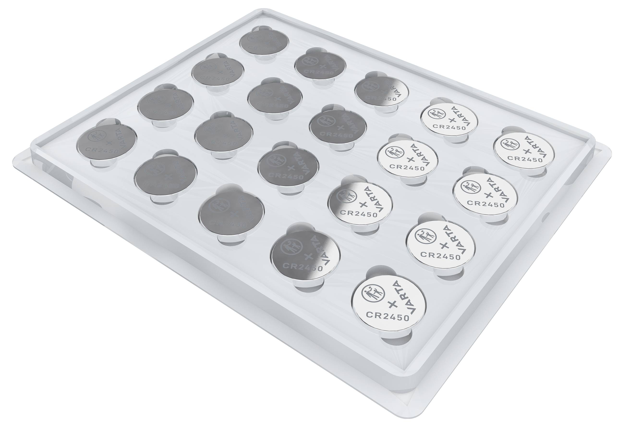 A white plastic holder with several round button cell batteries, some showing the inscription 'CR2450' and a brand logo.