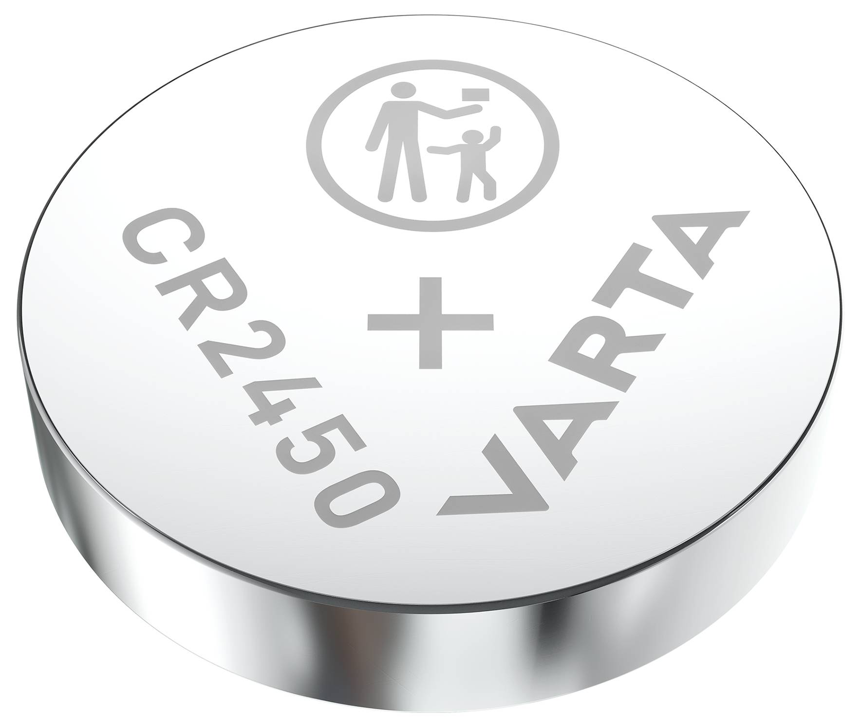 A round silver button cell with the inscription 'CR2450' and 'VARTA'. On top is a symbol warning of the danger of children swallowing it.