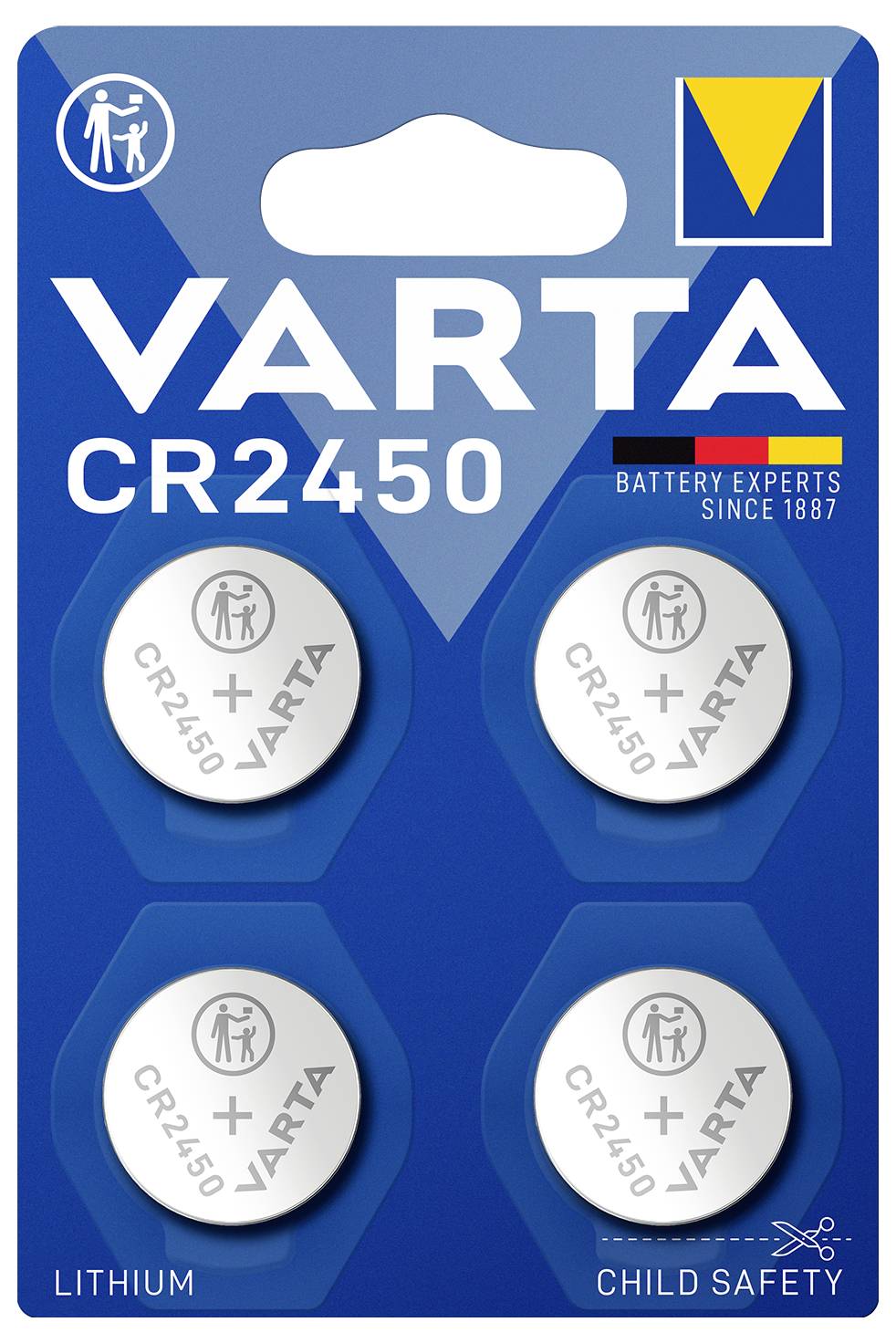 Four Lithium button cells of type Varta CR2450 in packaging. At the top it reads 'Battery Experts Since 1887'. Safety symbols are visible.