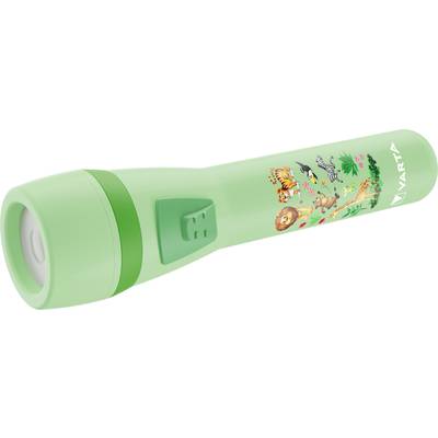 Green torch with jungle-themed designs featuring lions, tigers, and giraffes, by Varta. Suitable design for children.