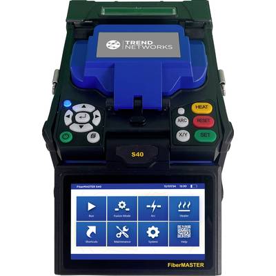 A splicing device for connecting optical fibre cables, with a screen displaying various options such as 'Run', 'Fusion Mode' and 'Arc'.
