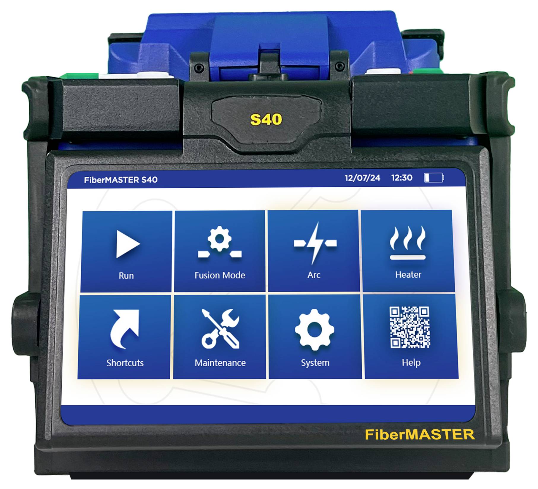Fusion splicing device with screen, showing menu with options: 'Run', 'Fusion Mode', 'Arc', 'Heater', 'Shortcuts', 'Maintenance', 'System', 'Help'.