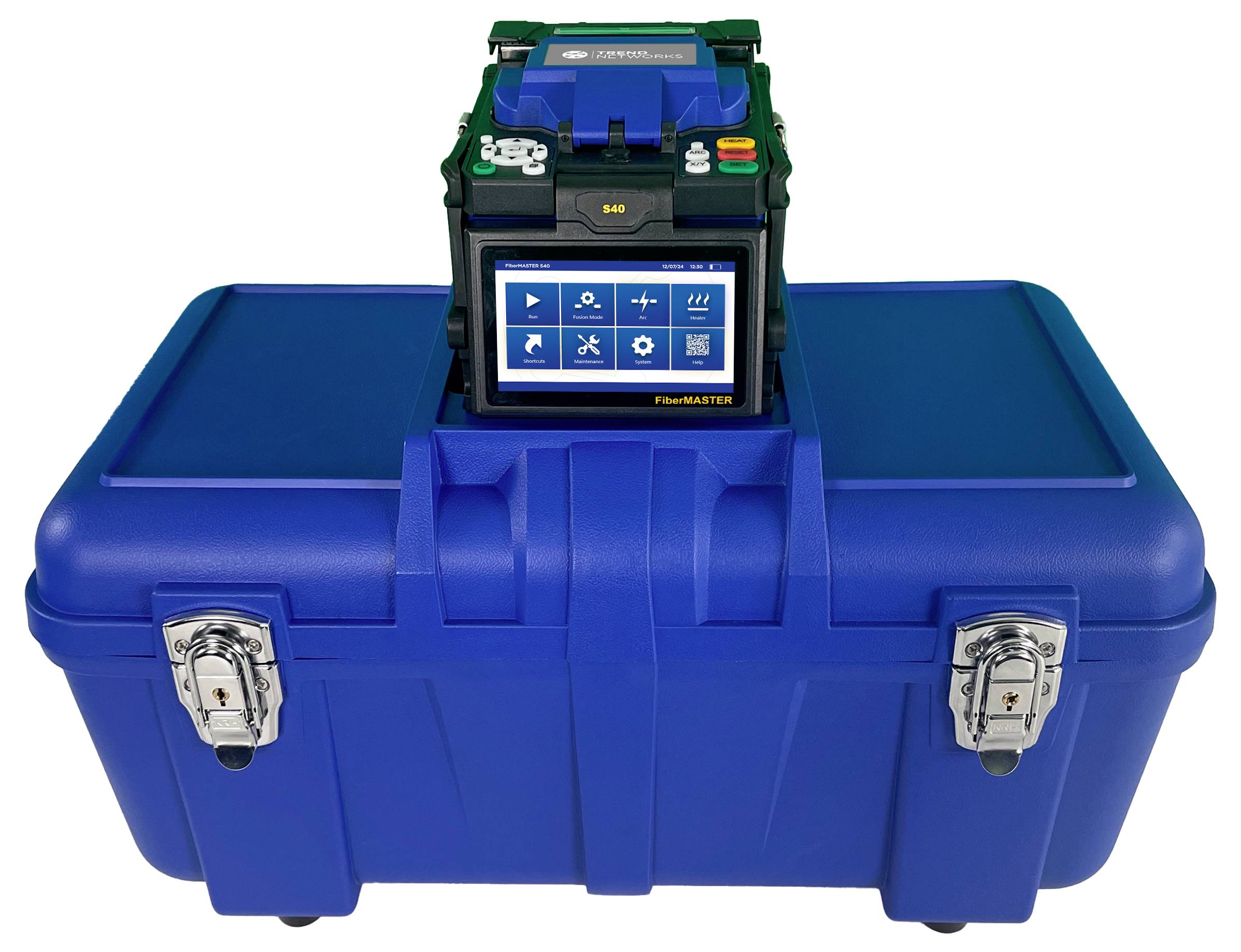 A blue toolbox with an electronic device placed on top, displaying a screen with various symbols, including tools and graphics.