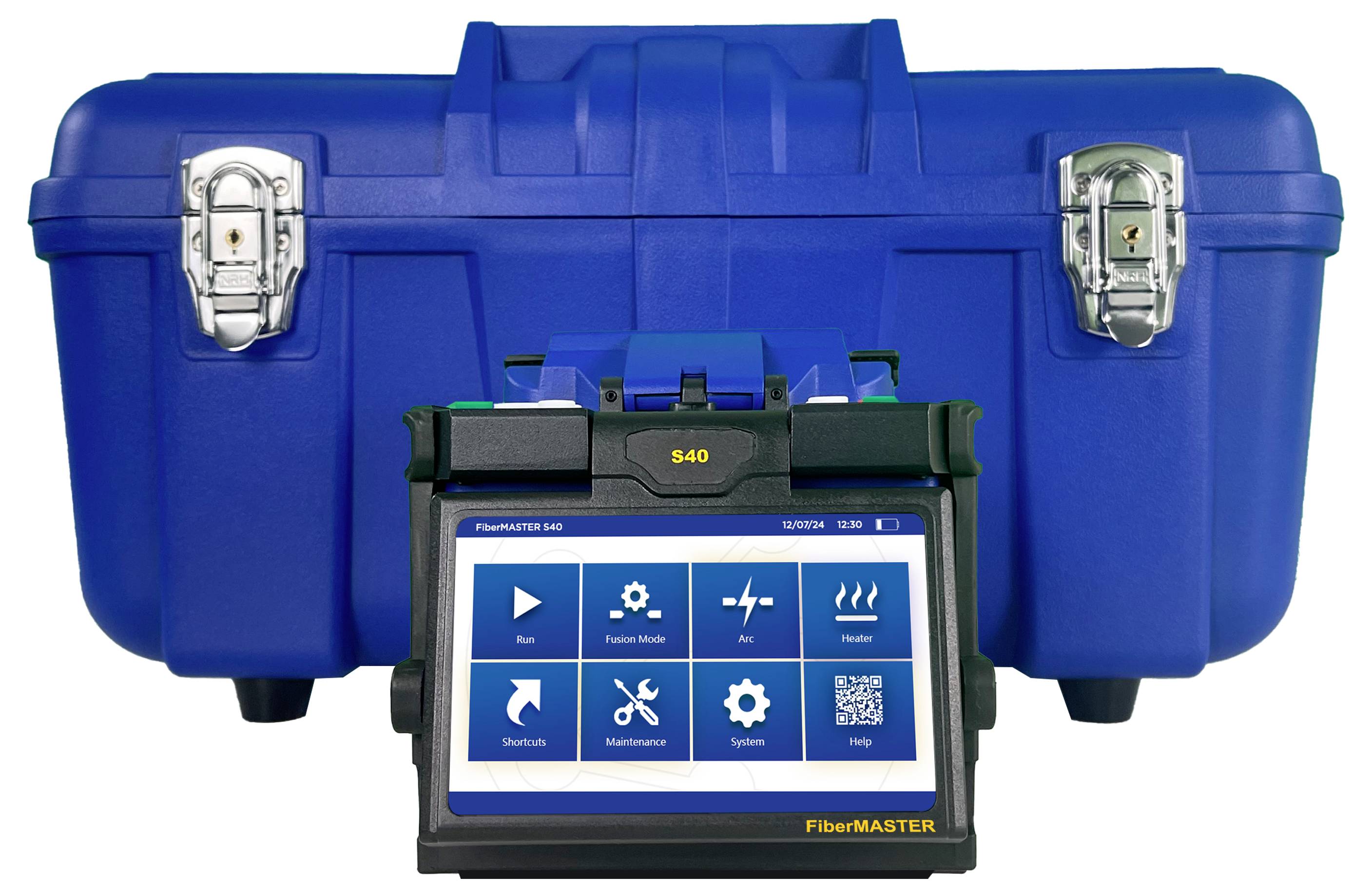 A portable device with a large display shows symbols for 'Test', 'Error Analysis', 'Maintenance' and 'System'. In the background, a blue case.