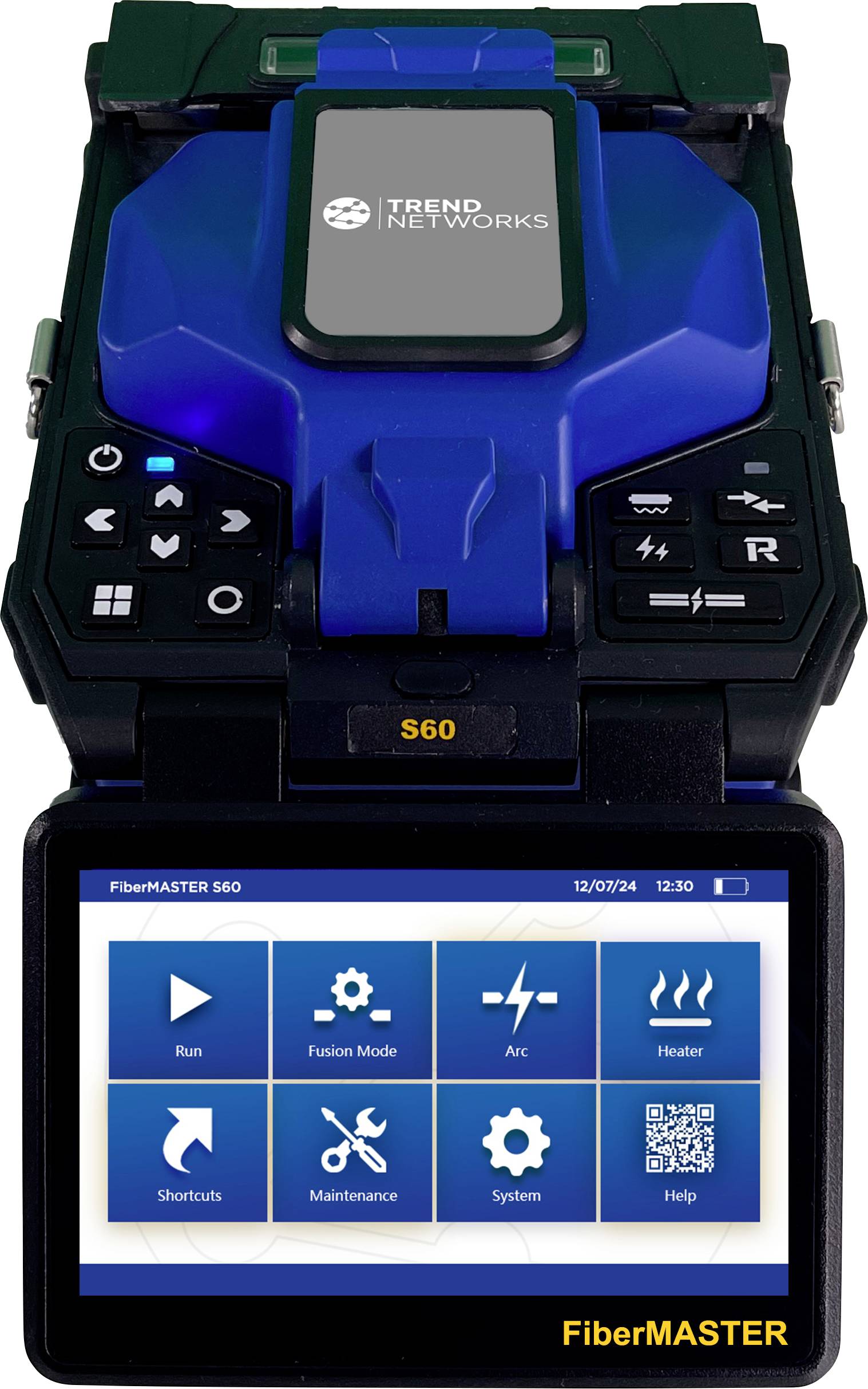 A blue fibre welding machine screen displays various options such as 'Run', 'Fusion Mode', 'Arc', 'Heater' and 'Maintenance'.