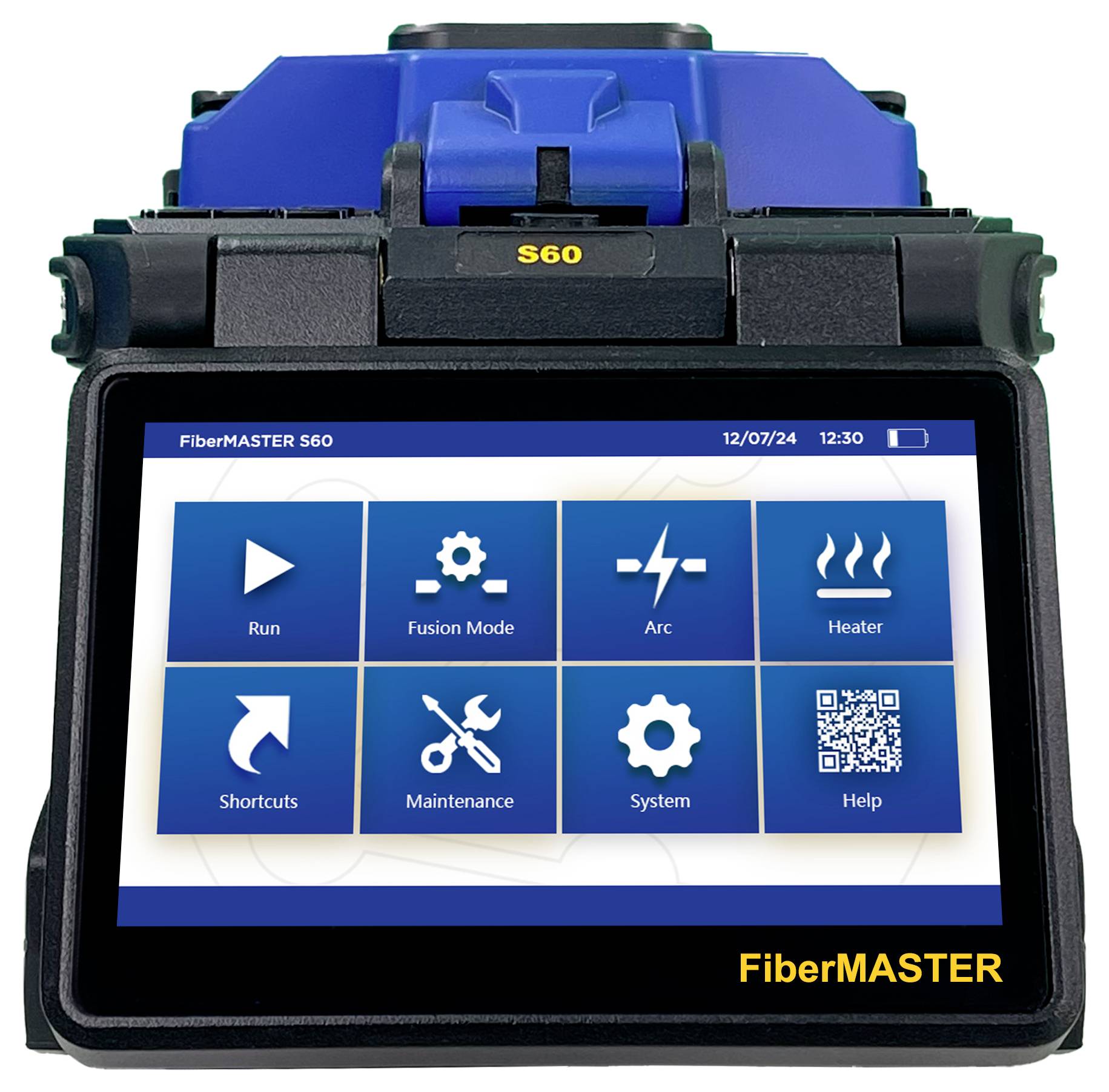 A fibre optic fusion splicer with a screen. The screen displays symbols and options such as 'Run', 'Fusion Mode', 'Arc', and 'Heater'.