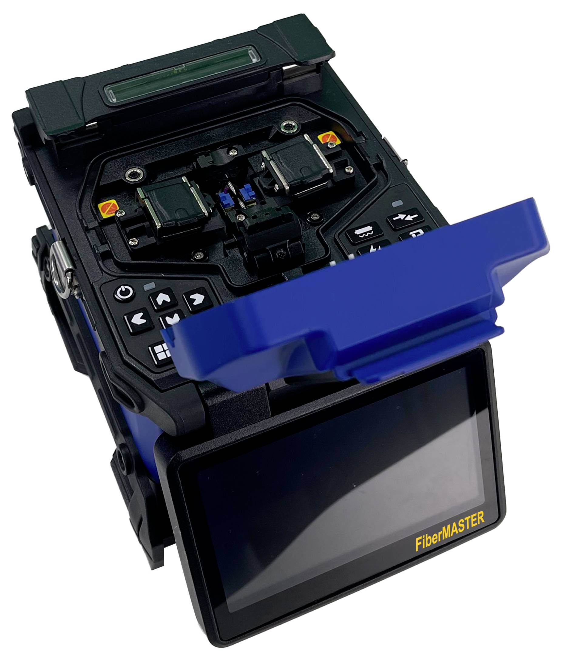 The image shows a fibre optic splicing machine with an open lid, control panel, and display for splice verification.