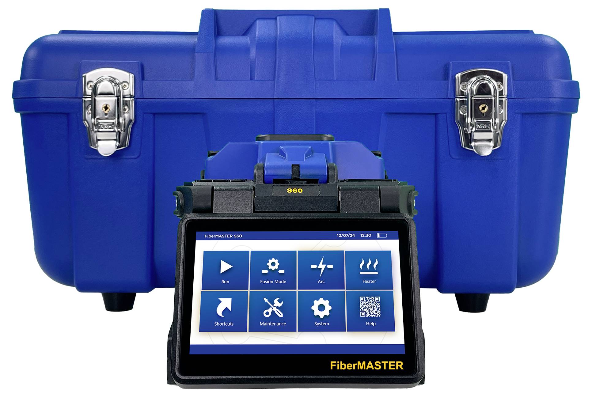 A blue tool device with a digital display at the front shows symbols for measurement functions. Behind it is a blue case.