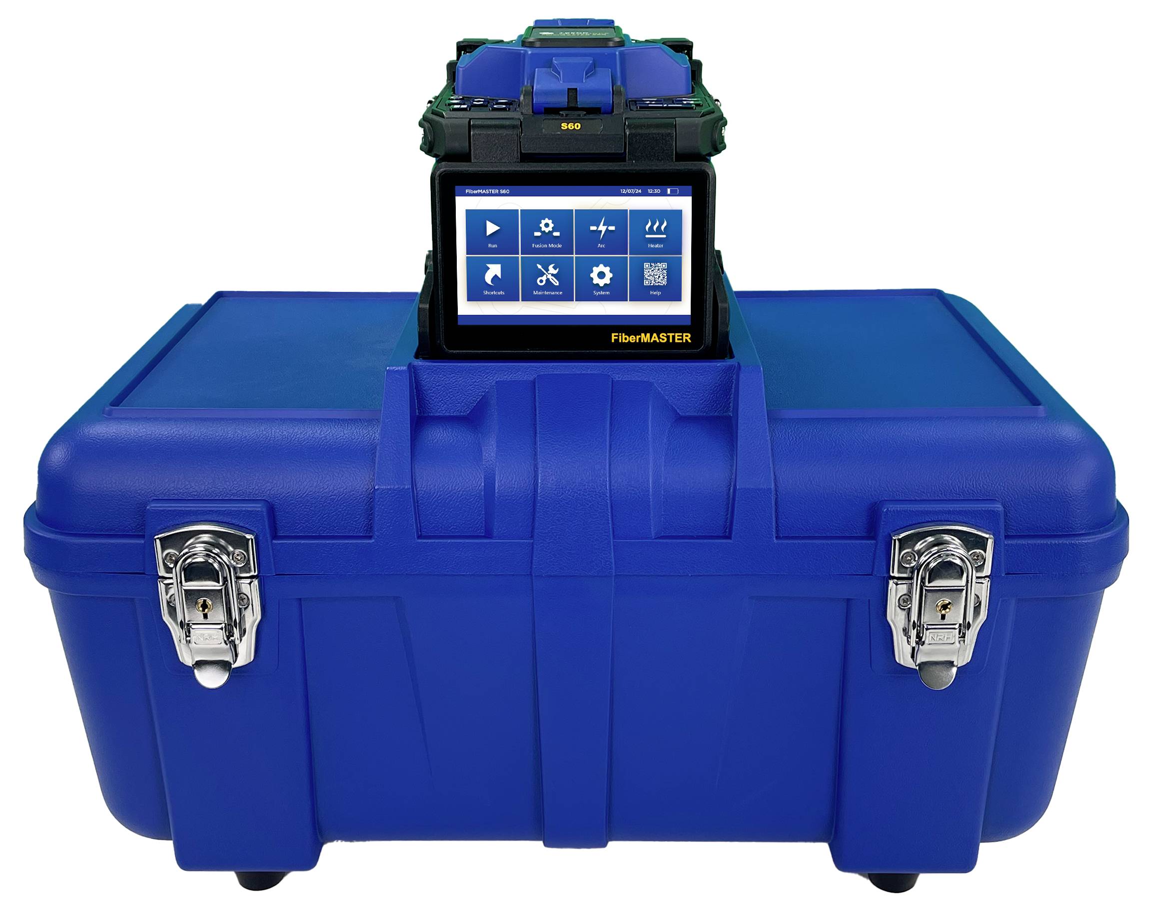 Blue tool case with an integrated digital display on top, showing various operational symbols for tools and settings.