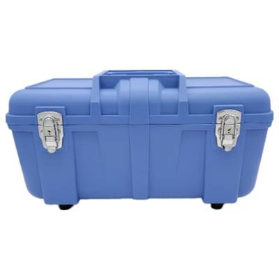 Blue hard-shell suitcase with two silver metal locks, sturdy handle on top.
