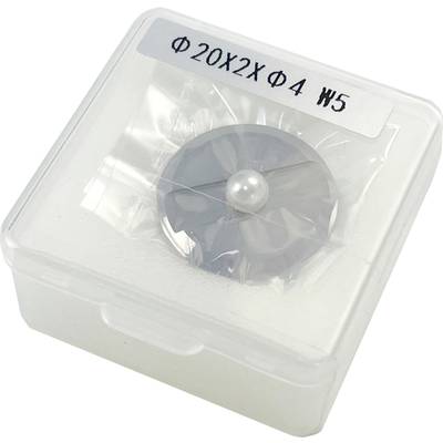 A circular, metallic disc with a pearl in its centre, packaged in a transparent plastic box labelled 'Φ20X2XΦ4 W5'.