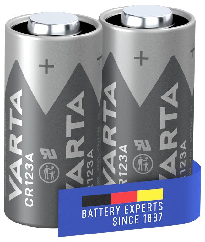 Two VARTA CR123A batteries side by side. Blue label with the inscription 'Battery Experts Since 1887'.