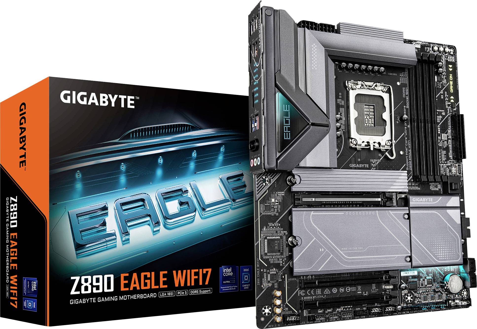 'GIGABYTE Z890 EAGLE WIFI7' Gaming Motherboard with modern design, Intel socket, and advanced connectivity features.