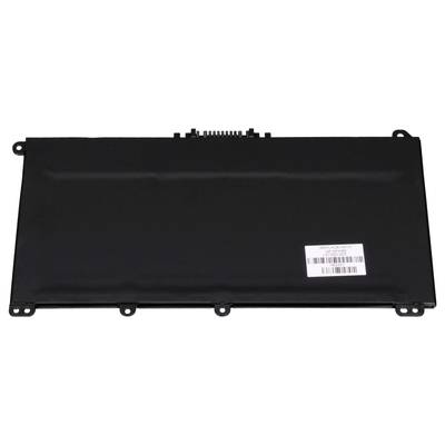 A rectangular, black laptop battery with a white label containing details of the model number.