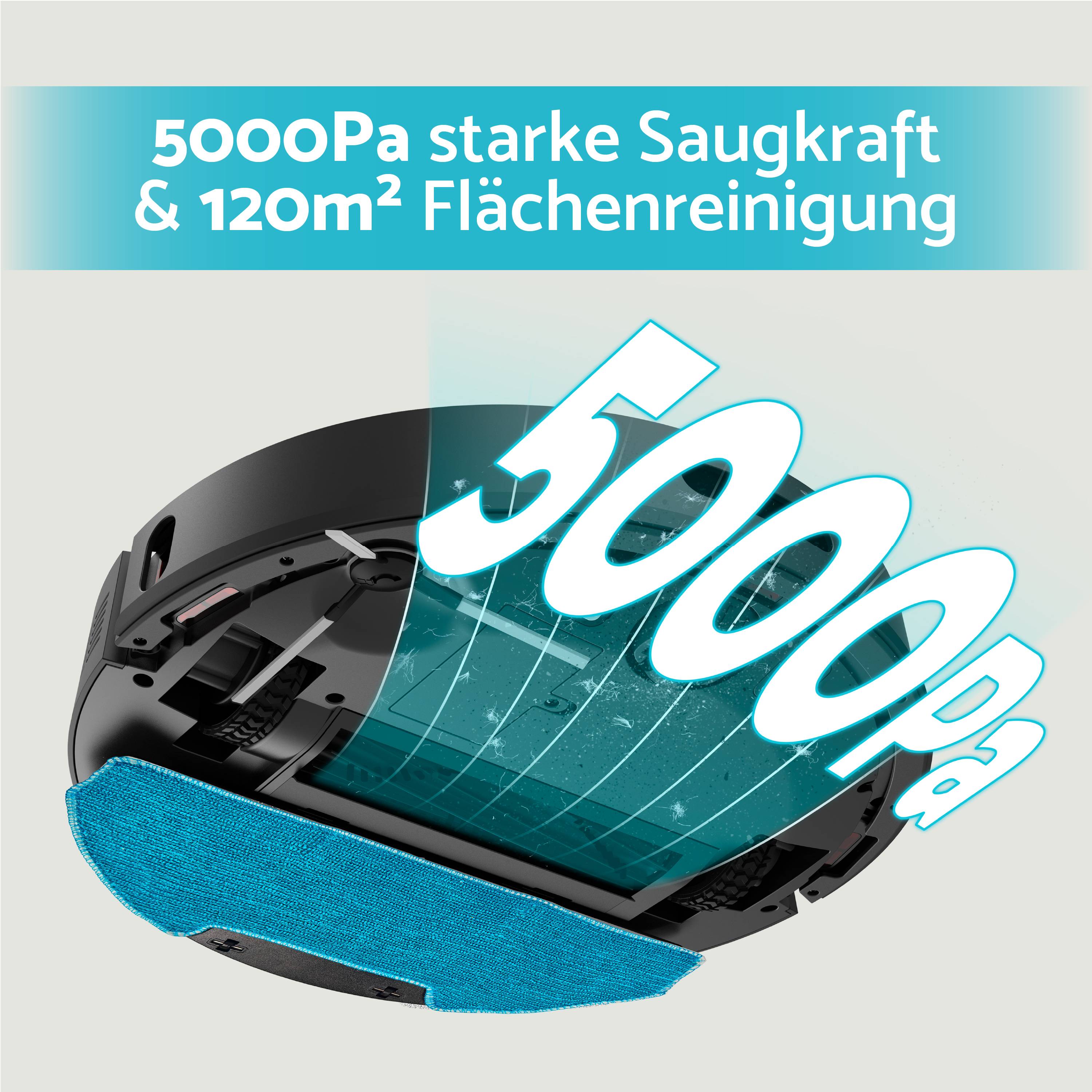 '5000 Pa suction power & 120 m² area cleaning' shows the underside of a robotic vacuum cleaner, highlighting its suction power.