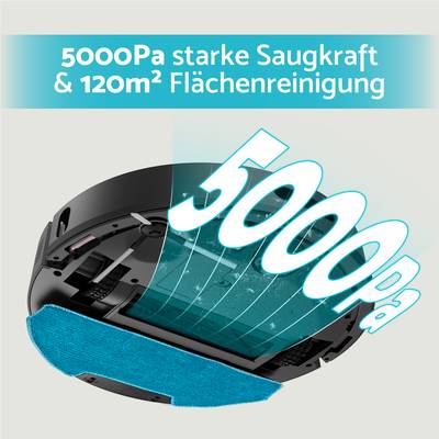 '5000 Pa suction power & 120 m² area cleaning' shows the underside of a robotic vacuum cleaner, highlighting its suction power.
