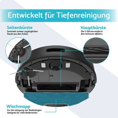 'Developed for Deep Cleaning': Robot vacuum cleaner with side and main brush for dirt removal. Mopping function for floor cleaning. Suitable for many floor types.
