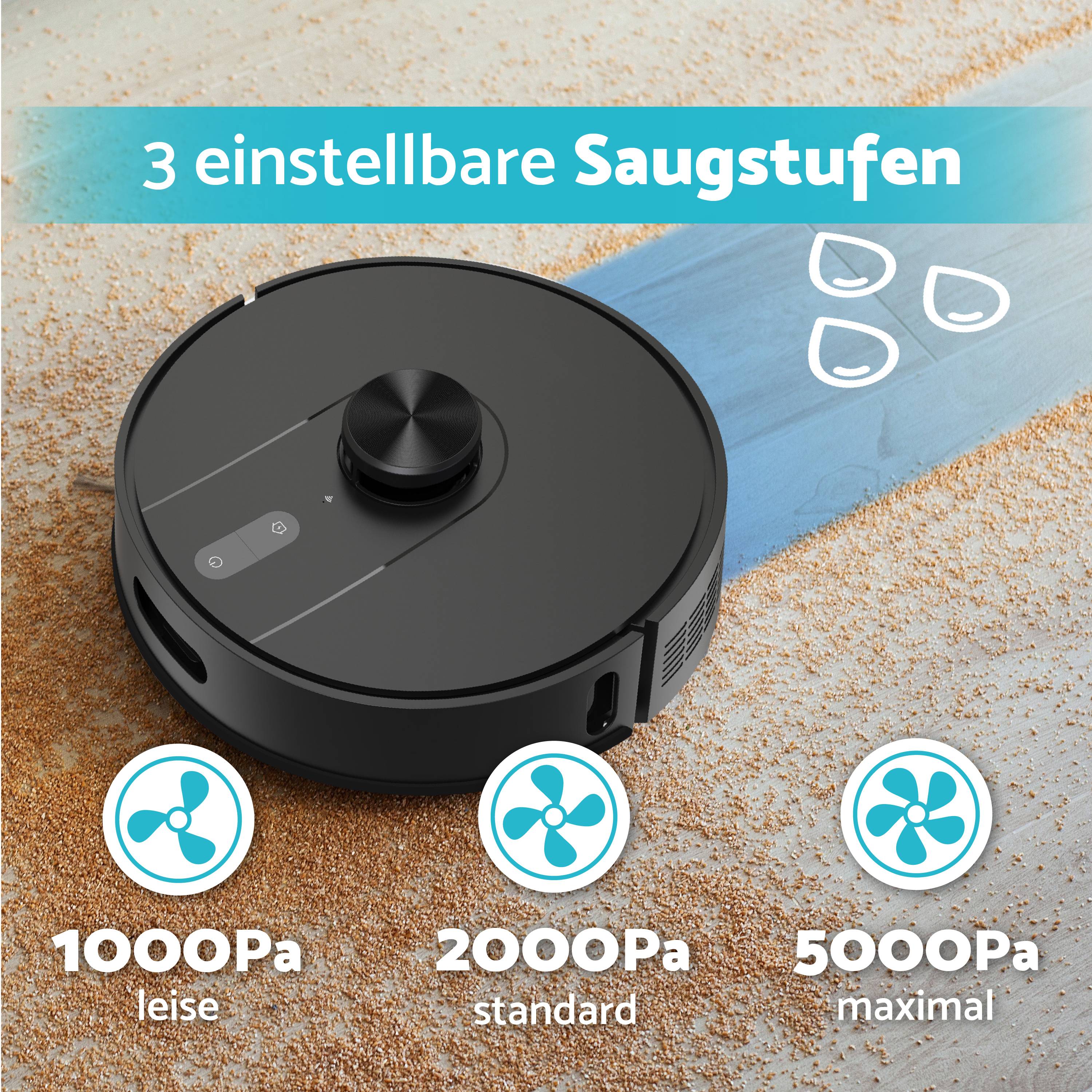 Robotic Vacuum Cleaner for Carpet and Hard Floors, Text: '3 Adjustable Suction Levels', Symbols with Labels: '1000Pa Quiet', '2000Pa Standard', '5000Pa Maximum'