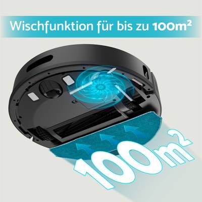 A robot vacuum demonstrates its mopping function for up to 100m². Arrows visualise the coverage.