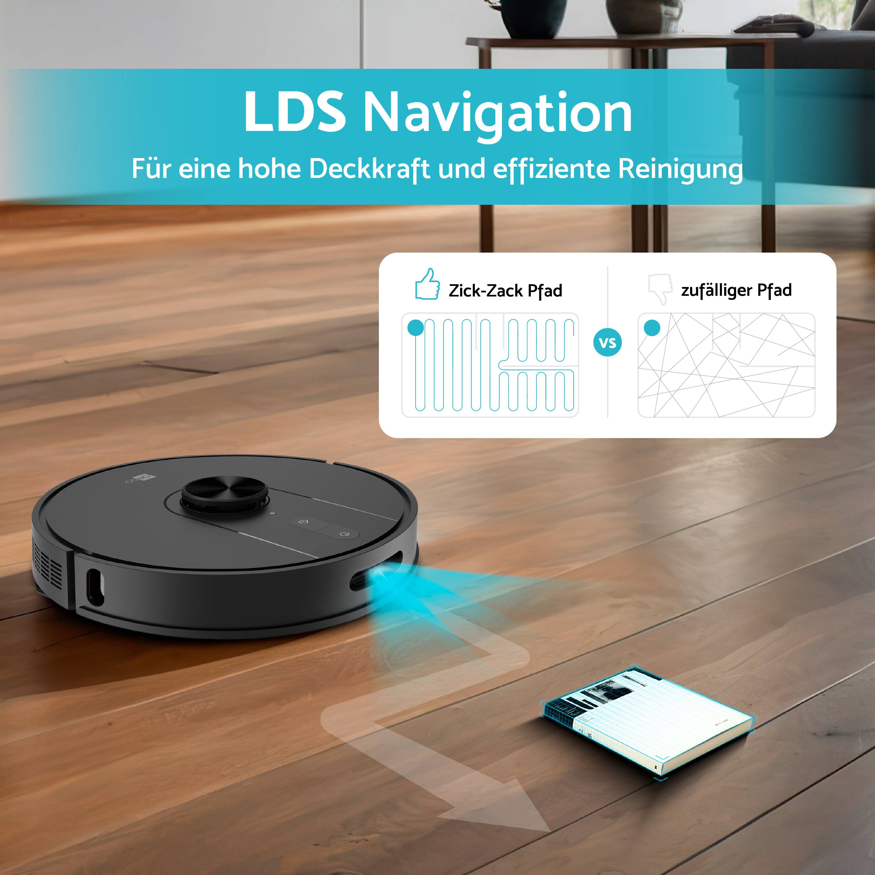 A black robotic vacuum cleaner is cleaning a wooden floor. A diagram above shows the difference between zigzag and random paths.