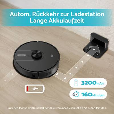 Robotic vacuum cleaner with automatic return to charging station and long battery life. Quiet mode with 3200mAh and 160 minutes of runtime.