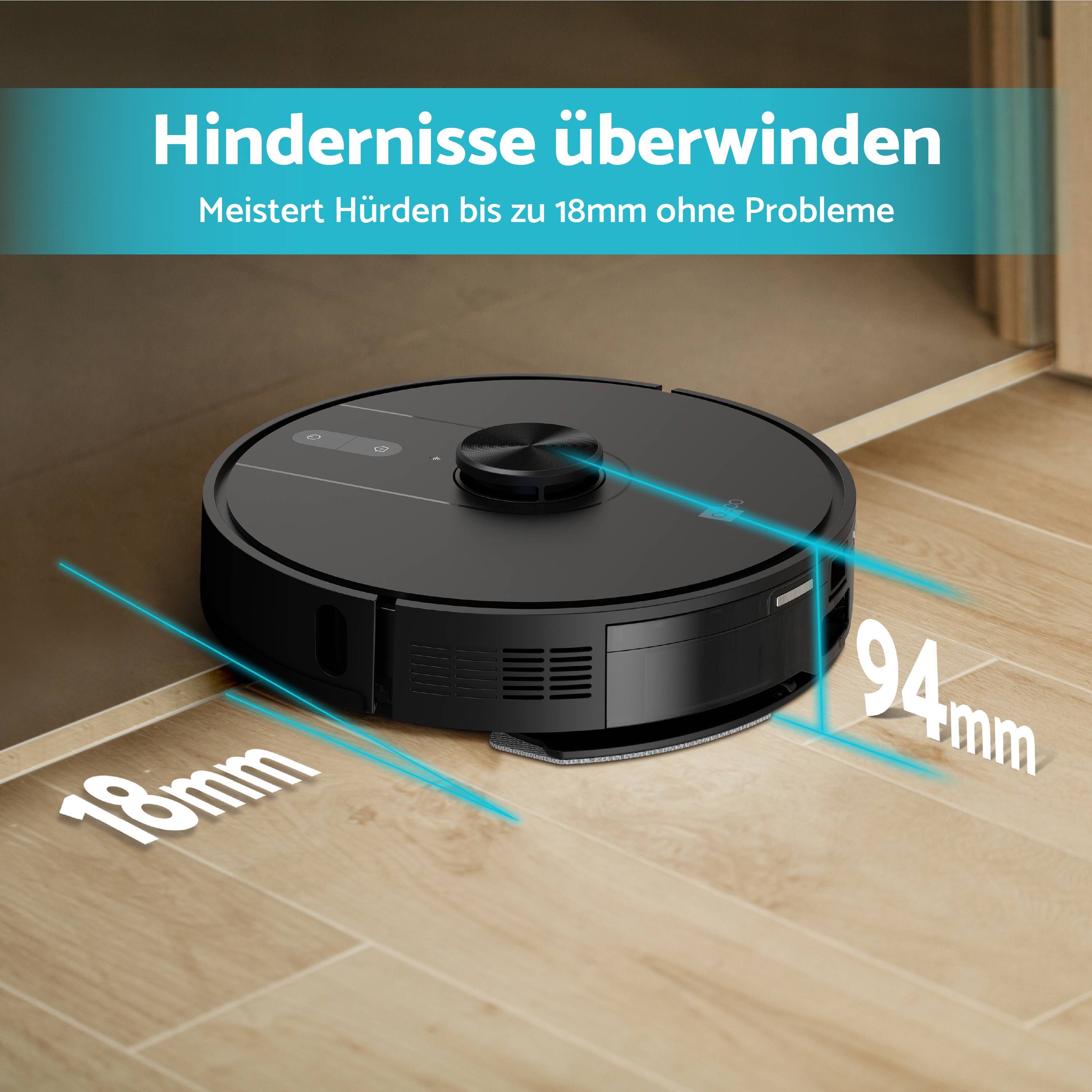 A black robot vacuum cleaner moves on a wooden floor and navigates obstacles up to 18 mm in height. Text: 'Overcoming obstacles'.