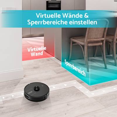 'Setting Virtual Walls' shows a robotic vacuum cleaner whose path is limited by virtual walls and restricted areas.