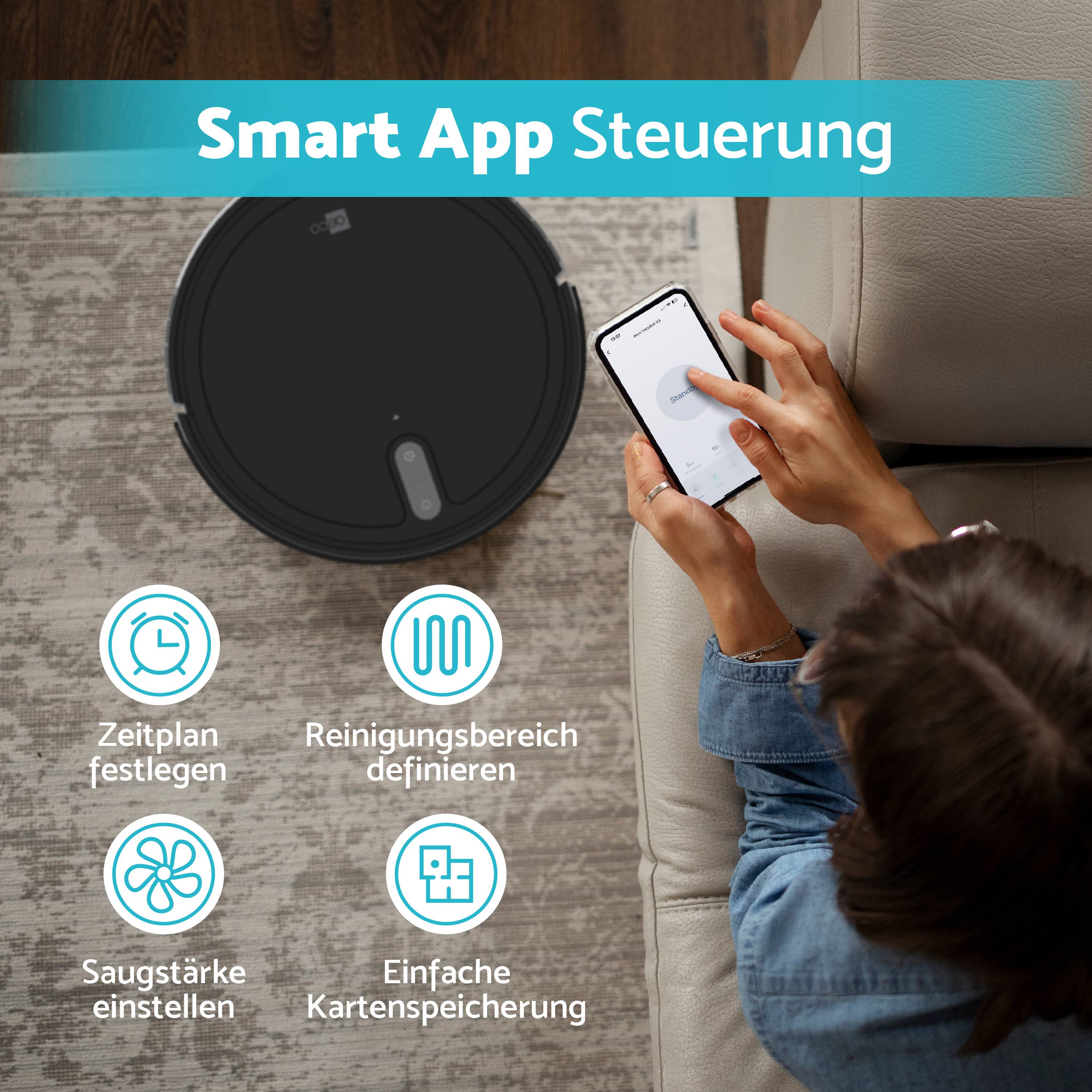 'Woman controls robotic vacuum cleaner with smartphone app. Functions: schedule cleaning, define areas, adjust suction power.'