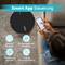 'Woman controls robotic vacuum cleaner with smartphone app. Functions: schedule cleaning, define areas, adjust suction power.'