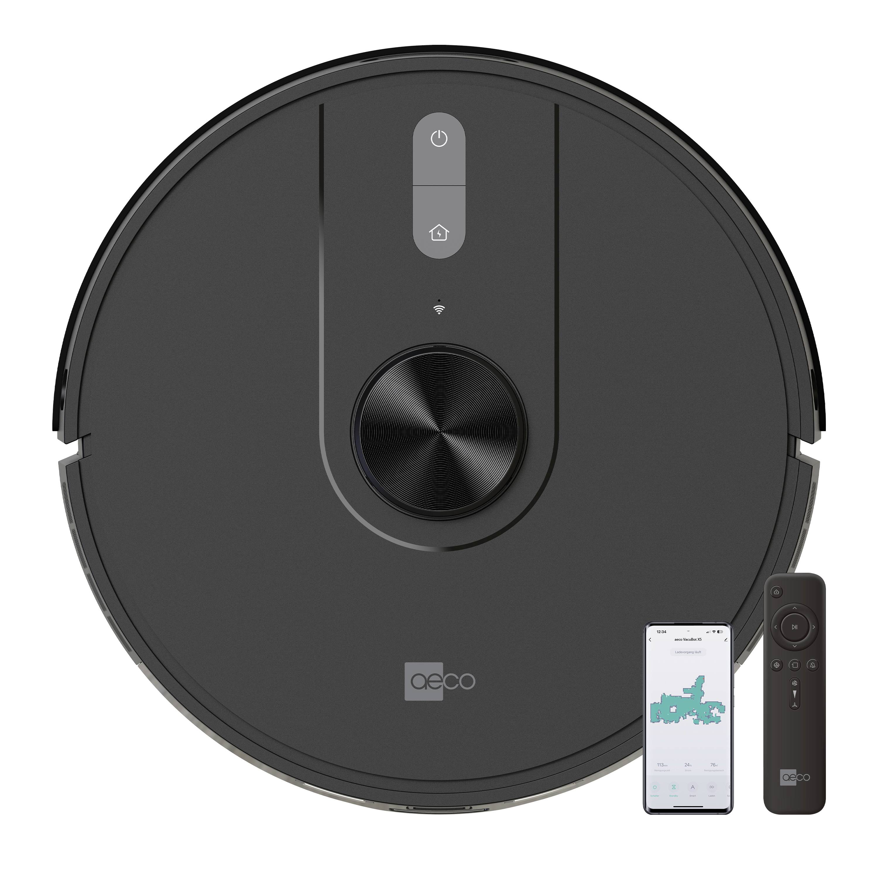 A black robotic vacuum cleaner with a round shape. Alongside it are a smartphone with app control and a remote control.