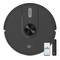 A black robotic vacuum cleaner with a round shape. Alongside it are a smartphone with app control and a remote control.