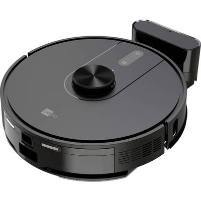 A round, black robot vacuum cleaner on a charging station, with buttons on top and sensors on the side.