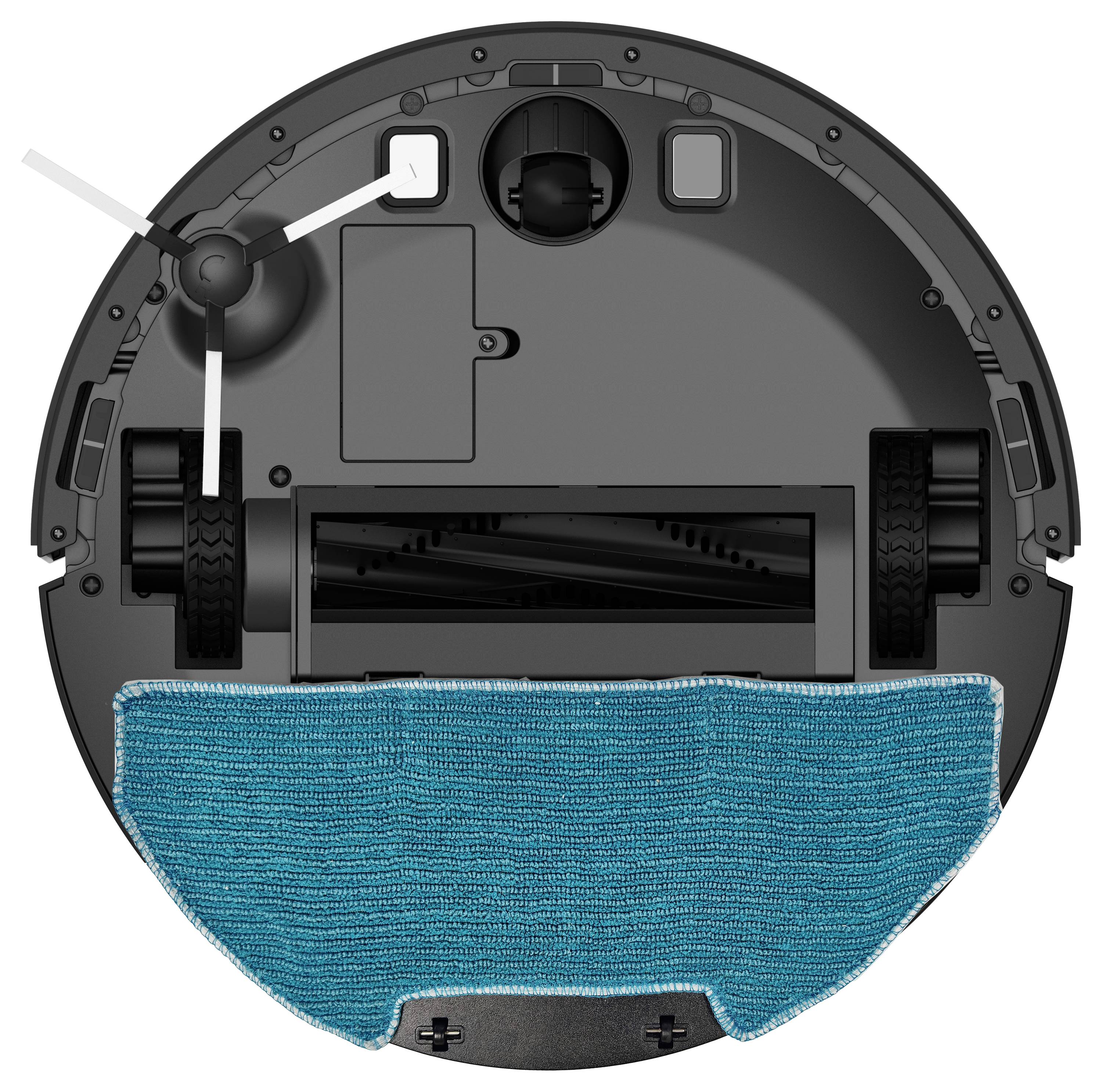 A bottom view of a round robotic vacuum cleaner with a rotating brush, wheels, and a blue cleaning cloth.