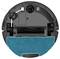 A bottom view of a round robotic vacuum cleaner with a rotating brush, wheels, and a blue cleaning cloth.
