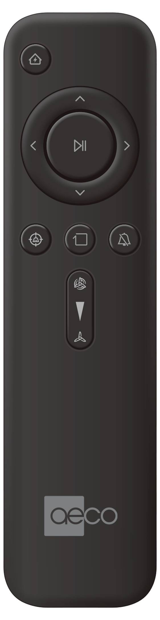 A black remote control with five buttons in the centre and a logo at the bottom.