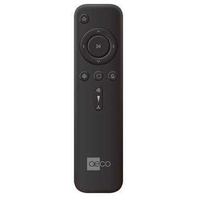 A black remote control with five buttons in the centre and a logo at the bottom.