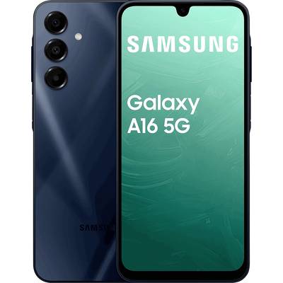 A Samsung Galaxy A16 5G smartphone in navy blue with three camera lenses on the back and 'Samsung Galaxy A16 5G' displayed on the screen.