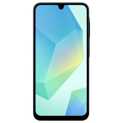 Smartphone with a rectangular display, dark borders, and a geometric pattern on the screen in blue and green hues.