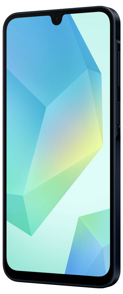 Smartphone with a screen displaying abstract geometric shapes in shades of blue and green. Minimalist, modern design.